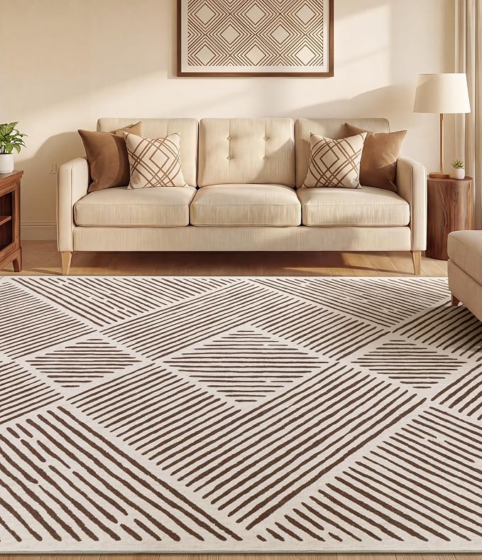 5‘x7' Washable Brown and Cream Area Rug for Living Room | Non-Slip, Soft, Low Pile, Stain Resistant, Large Farmhouse Geometric Stripe Tan Rug for Bedroom Dining Room