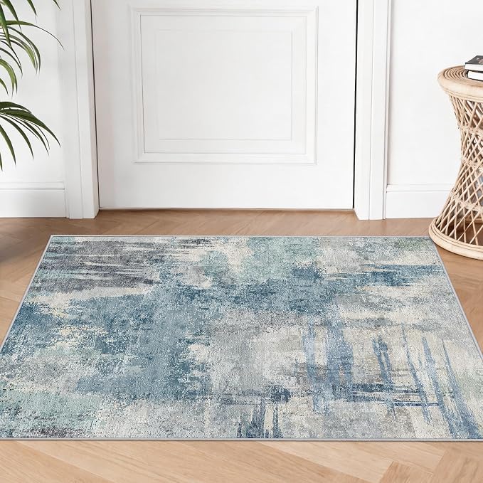 2x3 Abstract Washable Bath Mat: Blue Non Slip Small Rugs for Bathroom | Kitchen Sink - Soft Low-Pile Carpet Modern Doormat for Front of Entryway Home Decor 2x3 Blue