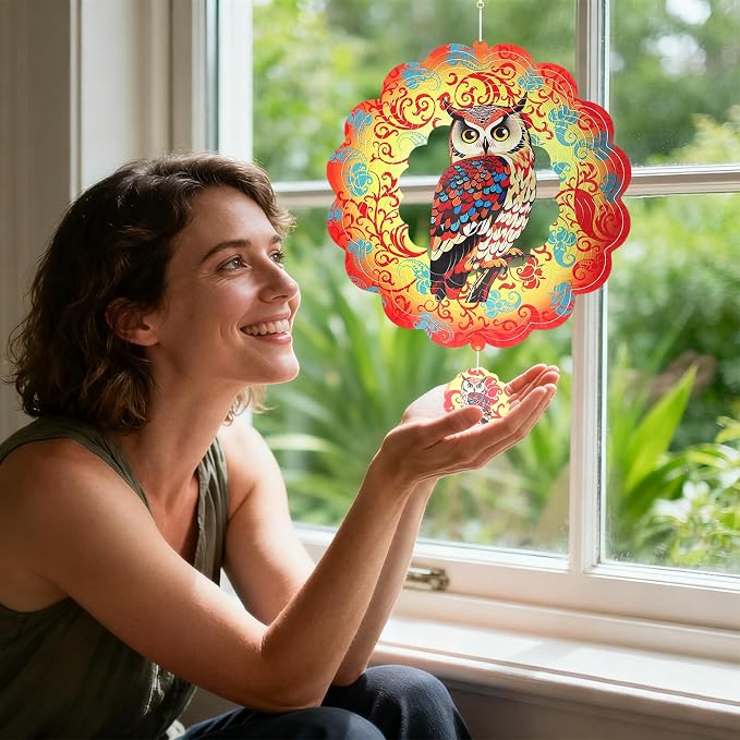 Owl Wind Spinners Outdoor for Mother's Day, IDEA SHOW 12In Stainless Steel Wind Spinners, 3D Kinetic Hanging Sculpture, Rustproof Metal Garden Decor Ornaments for Yard Art, Women, Men, Holidays
