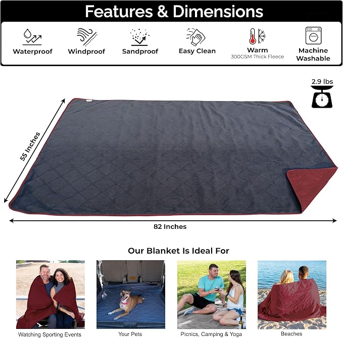 BRAWNTIDE Large Waterproof Outdoor Blanket, Extra Thick Fleece, Warm, Windproof & Sandproof, Quilted Stadium Blanket for Sports Events, Beach, Camping, Picnics, Dogs & Car, 82" x 55