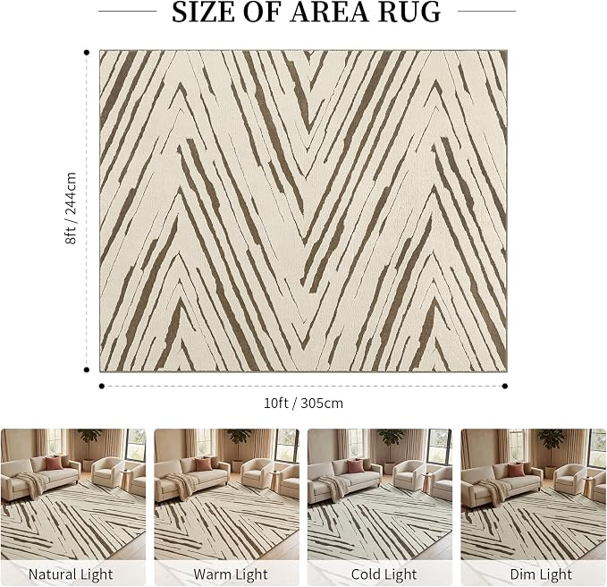 8x10 Area Rug for Living Room, Large Washable Cream Brown Rug | Large Washable Rug for Living Room, Dining Room, Bedroom, and Family Room with Abstract Stripes and Non-Slip Backing.