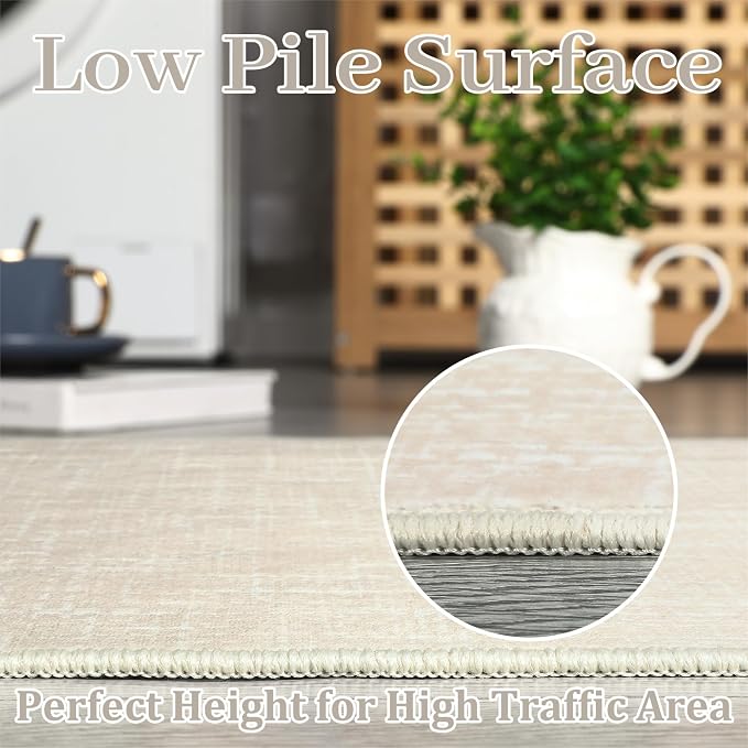 Garvee Large Rugs for Living Room 8x10 Textured Washable Area Rug, Beige | Modern Solid Color Non Slip Backing Low Pile Non Shedding Stain Resistant Minimalist Rug for Dining Room Nursery Bedroom