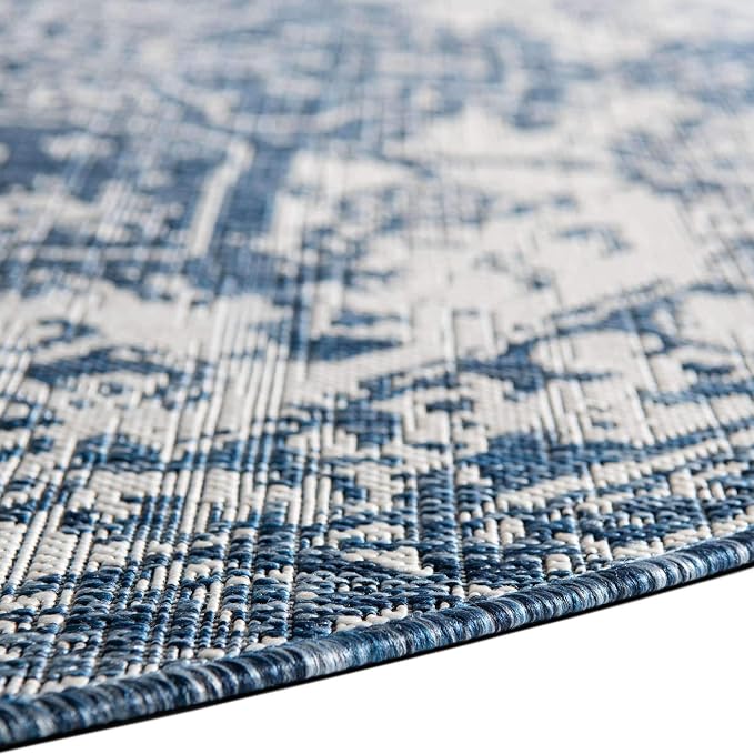 Unique Loom Outdoor Collection Area Rug - Dubai (4' 1' Round, Blue/ Ivory)