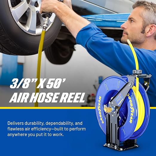 GOODYEAR Air Hose Reel Retractable 3/8" Inch x 50' Feet Long Premium Commercial SBR Hose Max 300 Psi Reinforced Steel Construction Heavy Duty Spring Driven Industrial Dual Arm & Pedestal
