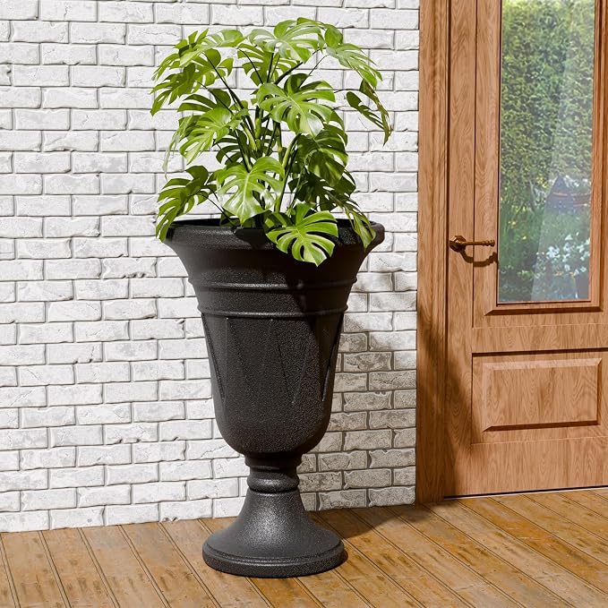23.6" Tall Plastic Urn Planters for Outdoor Plants, Set of 2 Heavy-Duty Classic Indoor Large Flower Pots with Drainage Holes & Trophy Design, Outdoor Planters for Porch, Home Garden, Black