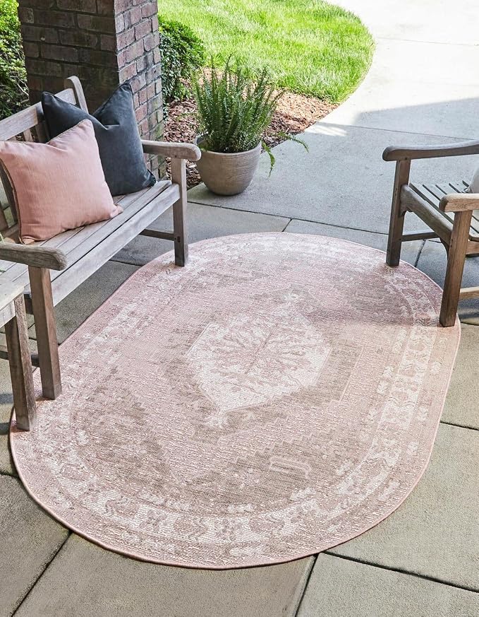 Unique Loom Outdoor Traditional Collection Area Rug - Valeria (5' 3" x 7' 10" Oval, Pink/ Ivory)