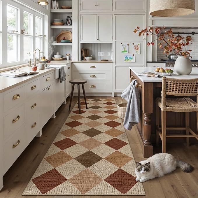 PureCozy 2x8 Checkered Easy Jute Runner Rug Non Slip Hallway Kitchen Washable Outdoor Rug for Entryway Indoor Checkerboard Brown-Beige Long Indoor Outdoor Carpet for Bedside Entry Front Door Porch