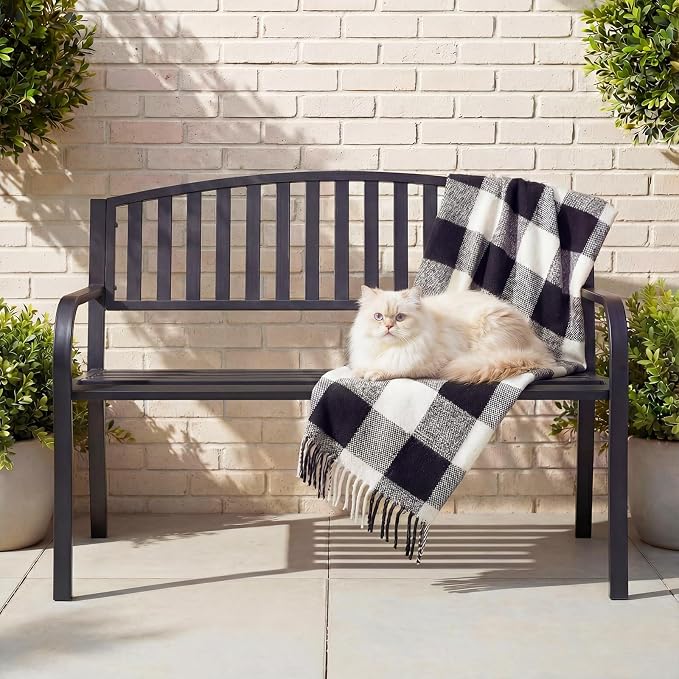 50" Outdoor Garden Bench, Iron Metal Frame Patio Bench with Backrest and Armrests, Weatherproof Anti-Rust Outdoor Bench for Front Porch, Park, Yard, Patio (402-32BK)