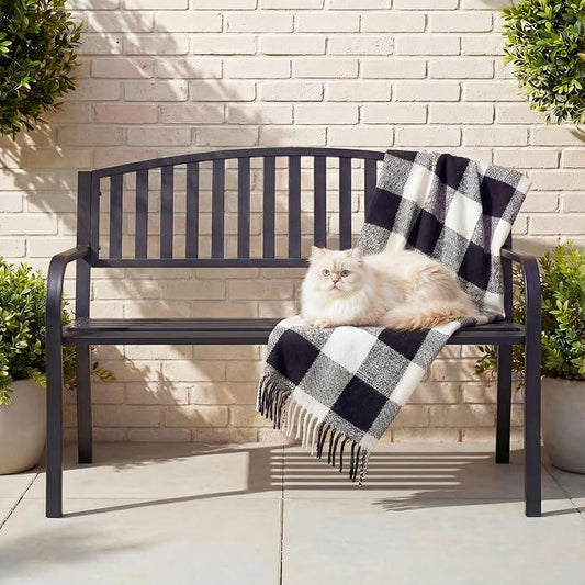 50" Outdoor Garden Bench, Iron Metal Frame Patio Bench with Backrest and Armrests, Weatherproof Anti-Rust Outdoor Bench for Front Porch, Park, Yard, Patio (402-32BK)