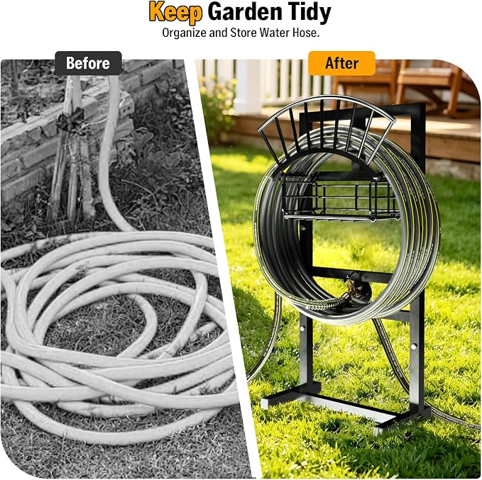 Garden Hose Holder Freestanding with Brass Faucet, Metal Heavy Duty Freestanding Garden Hose Hanger Storage Stand, Hose Storage for Outside Yard Lawn Farm, Outdoor Organizer