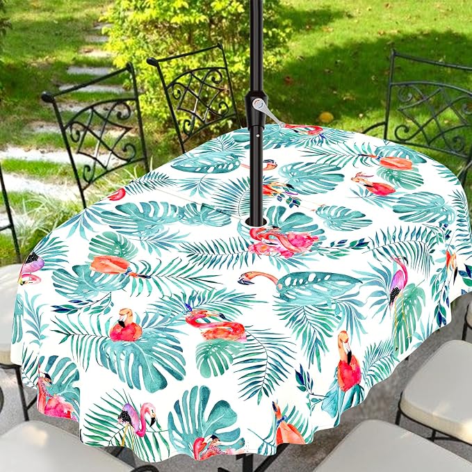 Outdoor Tablecloth with Umbrella Hole and Zipper, Rectangle Patio Table Covers for Spring/Summer, Machine Washable Outdoor Picnic Table Cloth (Flamingo, 60" × 84" Oval)