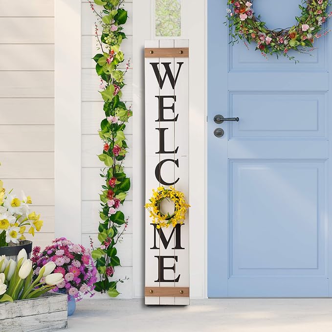 Glitzhome 60”H Welcome Sign with 4 Interchangeable Floral Wreaths for Front Door Porch Farmhouse Wooden Hanging Wall Sign for Seasons Spring Fall Harvest Thanksgiving Christmas