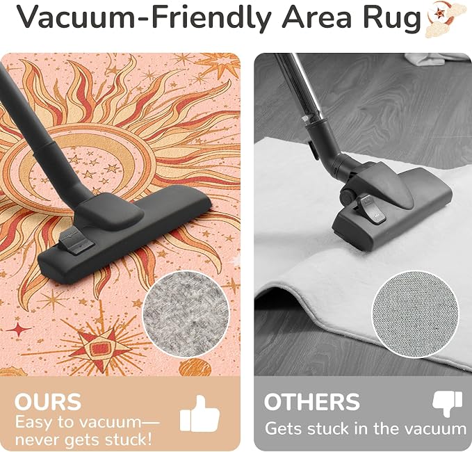 Vacuum-Friendly, 5x7 Washable Area Rug, Pink Gold Beige Red | Sun and Moon Boho Gothic Non-Slip Low Pile Living Roon Bedroom Dining Room Kitchen Entry Entryway Entrance Hallway Doormat