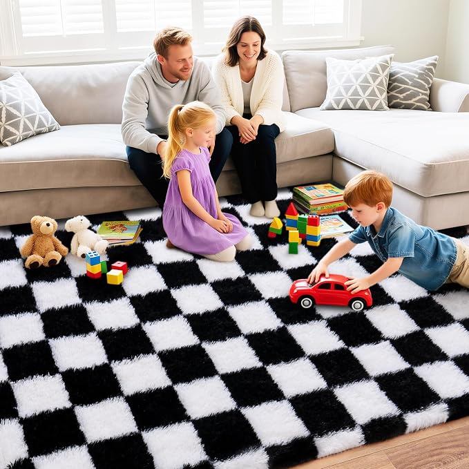Black and White Checkered Rugs for Bedroom, 4x6 Ultra Fluffy Fuzzy Shag Area Rug for Living Room, Modern Plush Soft Upgrade Non-Slip Carpet for Kids Girls and Boys Room Dorm Nursery Home Decor