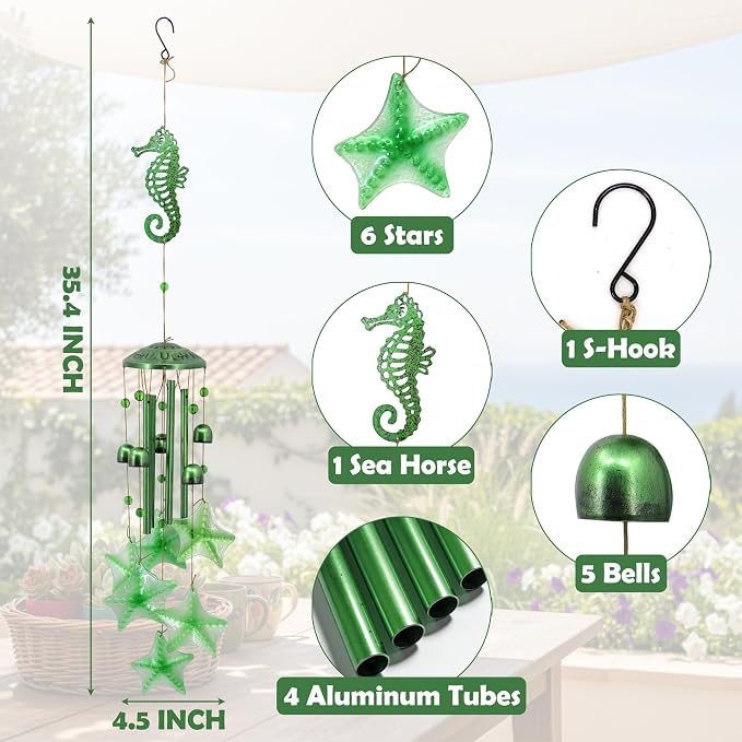 Glass Sea Horse Windchimes Unique Metal Wind Chimes for Outside Pendant | Seaside Memorial Windchimes Outdoors, Seahorse Outdoor Metal Wind Chimes, Home Gifts for Women Men, Patio Porch Garden Decor