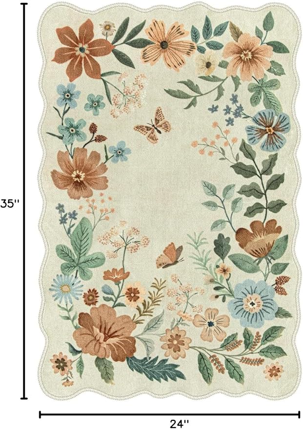 Lahome Floral Small Rug, 2X3 Kitchen Rugs Non Slip Washable Rug Ultra-Thin | Soft Front Door Mat Indoor Entrance Boho Low-Pile Entry Carpet for Bathroom Bedroom Flore (2x3ft, Beige)