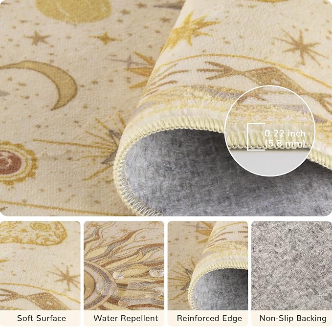 Vacuum-Friendly, 8x10 Washable Area Rug, Beige Camel Brown | Sun and Moon Boho Gothic Non-Slip Low Pile Living Roon Bedroom Dining Room Kitchen Entry Entryway Entrance Hallway Doormat