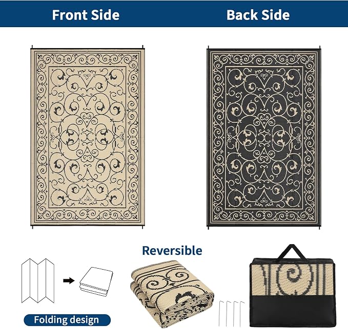 Garvee 8x10 Outdoor Rug Waterproof Plastic Straw Rug Outdoor Patio Rugs Reversible Mat Easy Clean Foldable Lightweight Large Area Rugs for Patio Porch Backyard Camping RV Beach Balcony Vintage Beige