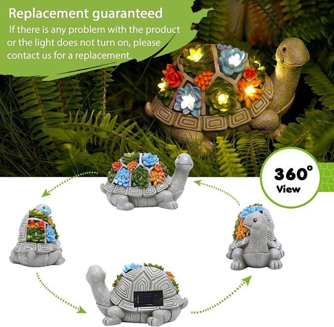 Solar Turtle Statue - Turtle Decor with Yard Outdoor | Cute Solar Turtle Succulent with 7 LED Lights - Unique Turtle Gifts for Mom