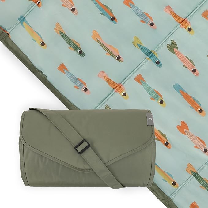 Little Unicorn 5'x10' XL Outdoor Family Picnic & Beach Blanket | Durable & Water-Resistant Fabric | Compact Fold & Easily Wipes Clean | Zipper Pocket (Minnow Pond)