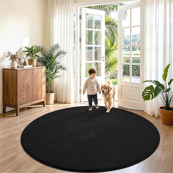 Keeko Round Area Rug 4ft for Living Room Bedroom,Soft Washable Circle Rug | Modern Indoor Memory Foam Rugs Low Pile Non Slip Carpet for Kids Dorm Room Entryway Kitchen Home Decor Black