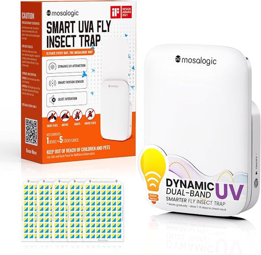 Mosalogic Indoor Fruit Fly Traps Smart Gnat Trap for House Indoor with Motion Sensor Night Light-3 Modes,Silent,600 Sqft Coverage,Catches Fruit Flies,Gnats,Moth, 1 Device with 5 Refills White