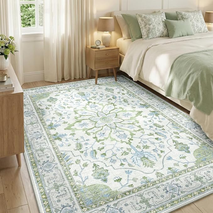 RELEANY Washable Area Rug, 5'x7', Green/White/Blue | Non-Slip, Water Repellent, Pet Friendly, Easy to Clean, Vintage Floral Boho Decor for Living Room Bedroom Dining Room Office