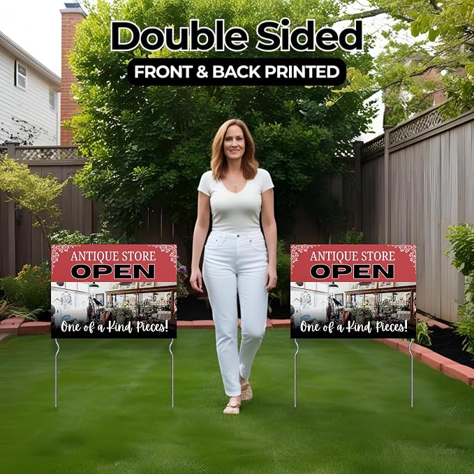 Antique Store Open - One-of-a-Kind Pieces! Yard Sign by DC | 24"x18" Double Sided Conv. Store Garden Sign with 13” Metal Stakes | Outdoor Signs Waterproof for Lawn, Patio, Sidewalk & House | Set of 4