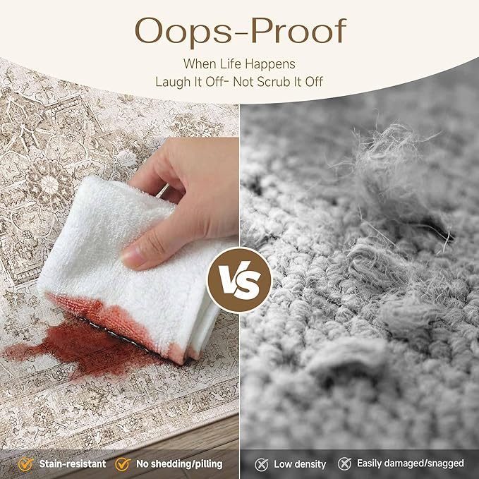 Taupe 4x5 Washable Area Rug Living Room Vintage Oriental Carpet | Soft Low Pile, Non Slip, Stain Resistant, Floral Medallion, Retro Indoor Decor for Bedroom, Dining Room, Kids Room, Office