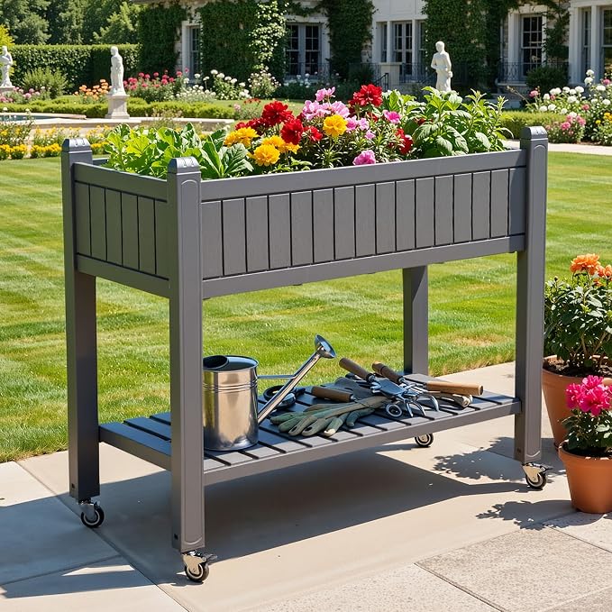YITAHOME 3.6x1.5x2.8 FT Elevated Garden Bed Kit with Legs and Wheels, Outdoor Large Resin Planter Box Stand with Drain Plug and Storage Shelf for Plants Vegetables Fruits, Light Brown