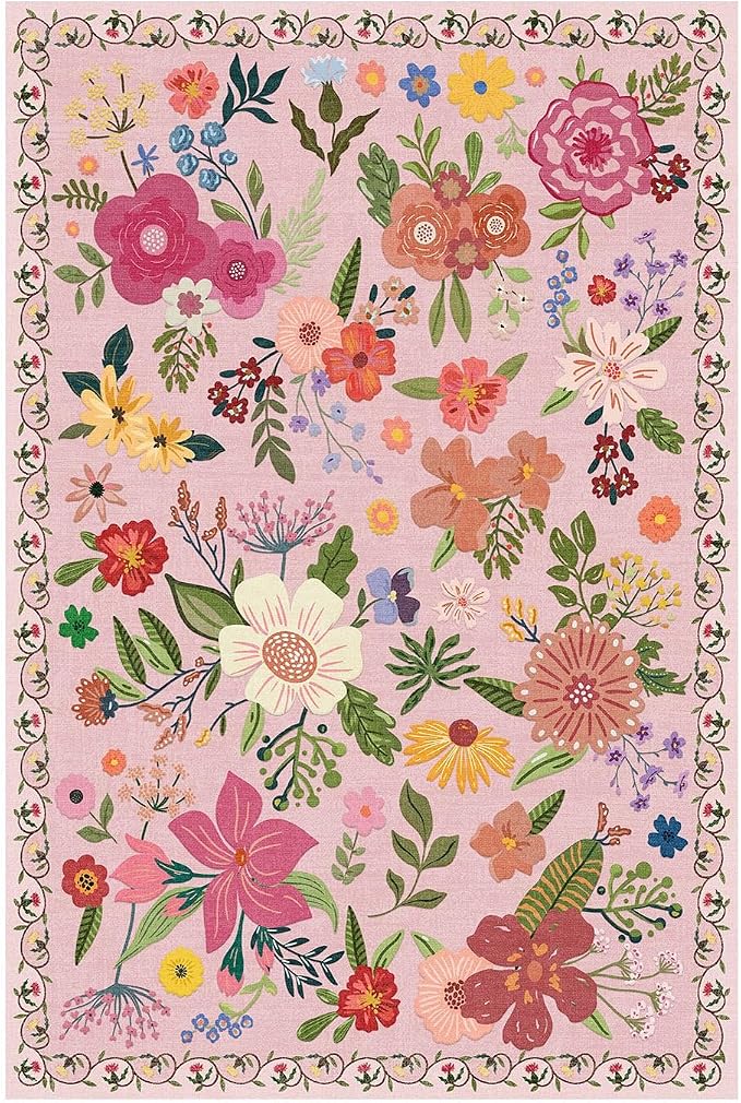 Latte&Fog Floral Area Rugs 6x9, Large Washable Pink Rugs for Living Room | for Dining Kitchen Kids Nursery Playroom Guest Room Classroom Dorm Farmhouse Office, Non Slip Low Pile Soft Floral Carpets