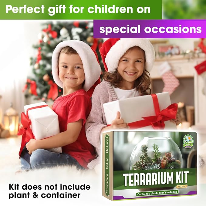 DUSPRO Terrarium Kit, Include Potting Soil, Pumice, Zeolite, Green Moss, Sphagnum Moss, Decorative Stone, Mesh, Tools, DIY Terrarium Kit for Kids, Air Plant, Succulent