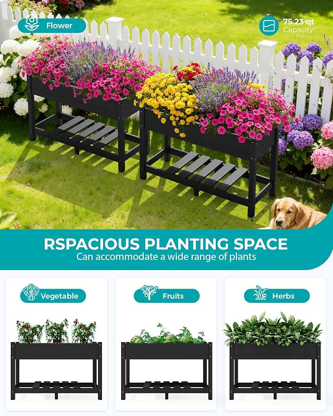 SERWALL Raised Garden Bed with Legs Set of 2, 43"×17"×30" Large HDPE Elevated Planter Box for Vegetables Flower Herb Patio, All Weather Use-Black