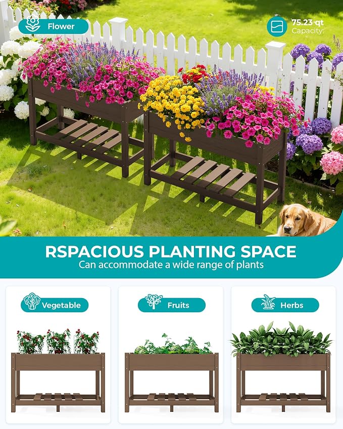 SERWALL Raised Garden Bed with Legs, 43"×17"×30" Large HDPE Elevated Planter Box for Vegetables Flower Herb Patio, All Weather Use- Brown