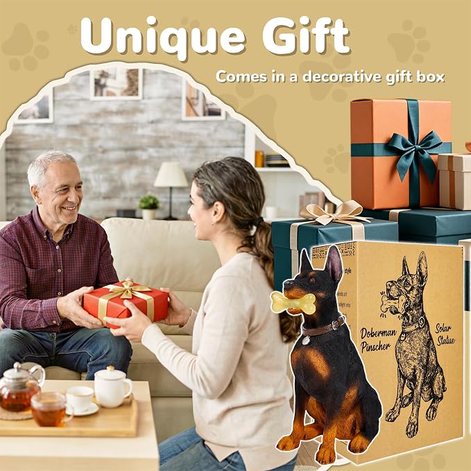 Doberman Solar Garden Statue - Outdoor Yard, Lawn, Patio Dog Decor - Unique Birthday Housewarming Gift for Dad, Mom, Men, Women