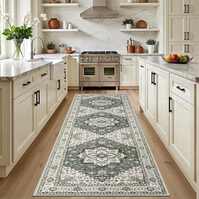 Hallway Runner Rug: 2.6x8 Kitchen Rugs for Living Room Green Ivory | Runner Rug Hallway Washable Rug No Slip Soft Bedroom Rug Indoor Floor Stain Resistant Carpets for Entryway, Laundry, Bathroom