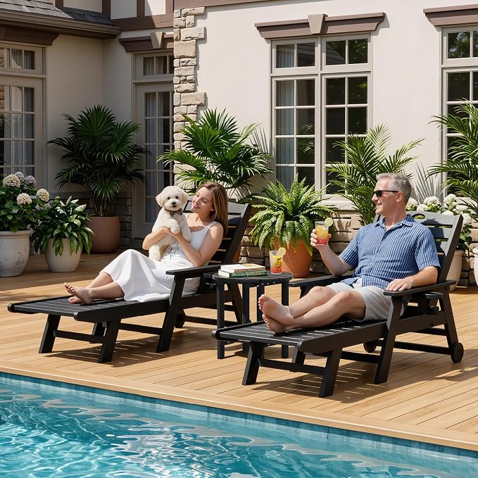 2 Tier Round Outdoor Side Table with Wood-Like Grain, HDPE Adirondack Table Patio Side Table, Weather Resistant End Table for Pool, Patio & Porch, Small Outdoor Table(Black, Round)