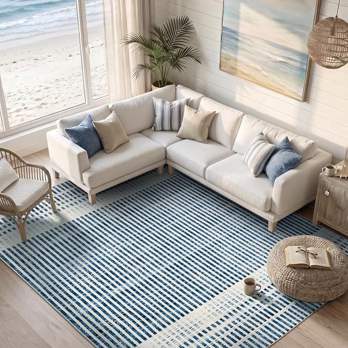 Washable 5x7 Modern Striped Area Rug, Abstract Living Room Rug | Beige Blue, Soft Low Pile, Skin Friendly, Non-Slip for High Traffic, Bedroom Vintage Coastal Nautical Style Home Decor