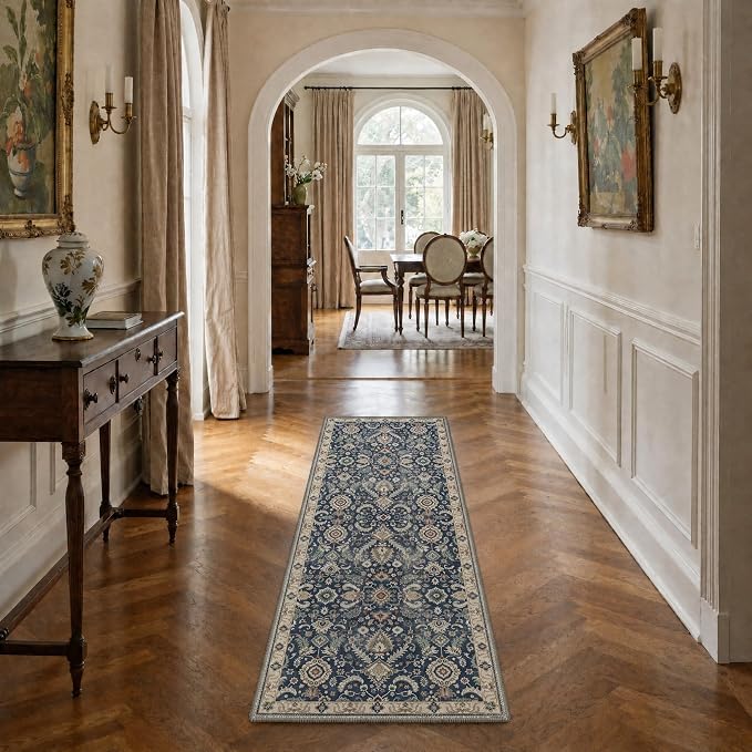 8X10 Living Room Area Rug, Boho Floral Washable Non Slip | Floral Vintage Rug for Bedroom Dining Room, Muted Navy Soft Low Pile Faux Wool, Stain Resistant Non-Shedding Pet-Friendly