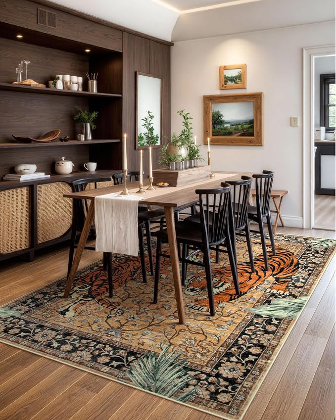 Moynesa Tiger 5x7 Area Rugs, Boho Washable Rugs for Living Room, Vintage Soft Dining Room Rug, Non Slip Ultra Thin Stain Resistant Large Floor Carpet for Office Bedroom, Camel