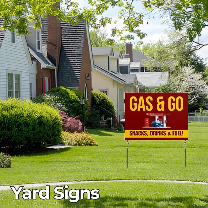 Gas & Go - Snacks, Drinks & Fuel! Yard Sign by DC | 24"x18" Double Sided Conv. Store Garden Sign with 13” Metal Stakes | Outdoor Signs Waterproof for Lawn, Patio, Sidewalk & House | Set of 4