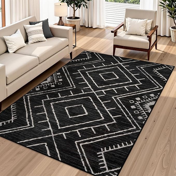 LIVEBOX Western 5x7 Area Rug, Black Washable Rugs for Living Room Bedroom, Non Slip Moroccan Tribal Rug Low Pile Modern Geometric Boho Area Rugs Diamond Carpet for Dining Room Home Office Playroom
