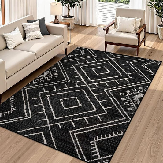 LIVEBOX Western 5x7 Area Rug, Black Washable Rugs for Living Room Bedroom, Non Slip Moroccan Tribal Rug Low Pile Modern Geometric Boho Area Rugs Diamond Carpet for Dining Room Home Office Playroom