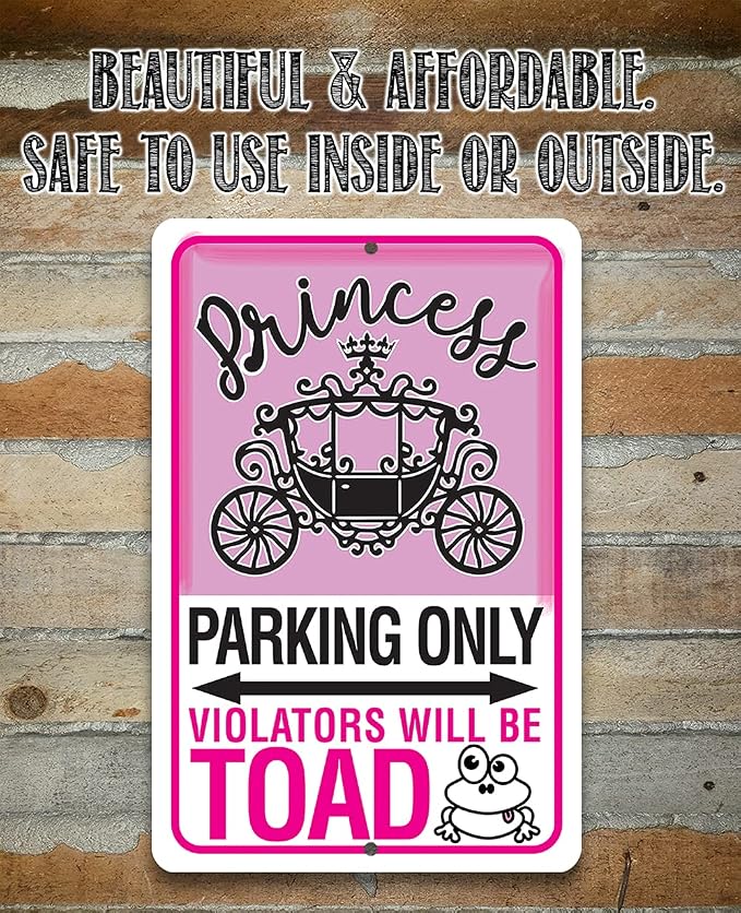 Metal Sign - Princess Parking - Funny Parking Sign, Pink Girls Room Decoration, Preppy Room Decor, Cute Teens College Dorm Display, 12x8 Use Indoor or Outdoor Durable Metal Sign
