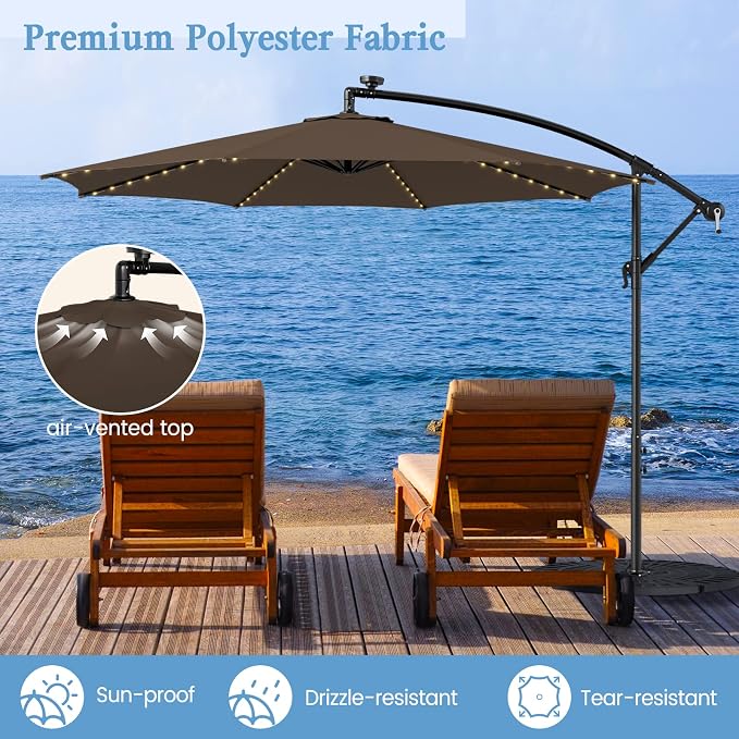 HAPPYGRILL 10FT Cantilever Patio Umbrella with Solar Lights, Outdoor Hanging Offset Umbrella with 112 LED Lights, Tilt Design, Crank Handle, Cross Base Stand for Garden Yard Deck