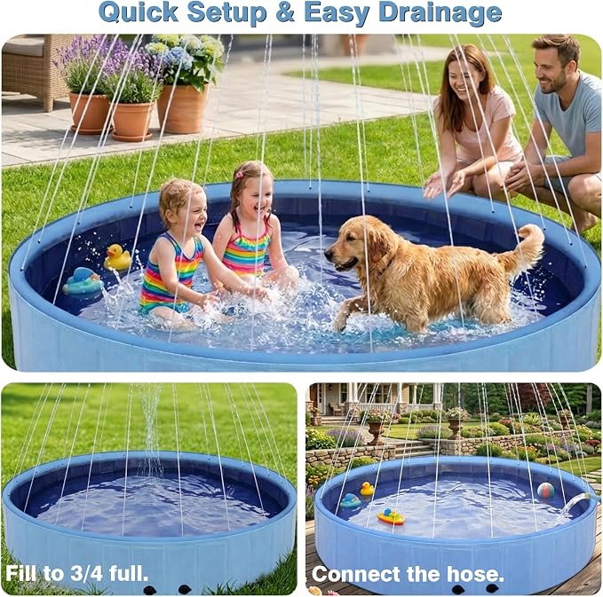 Eooqi Foldable Dog Pool with Sprinkler, Extra Large Thickened Splash Pool | 2-in-1 Outdoor Summer Water Play Toy, Non-Slip Hard-Side Kiddie Pool for Backyard Dogs, Kids & Pets (Blue, 63''-2XL)