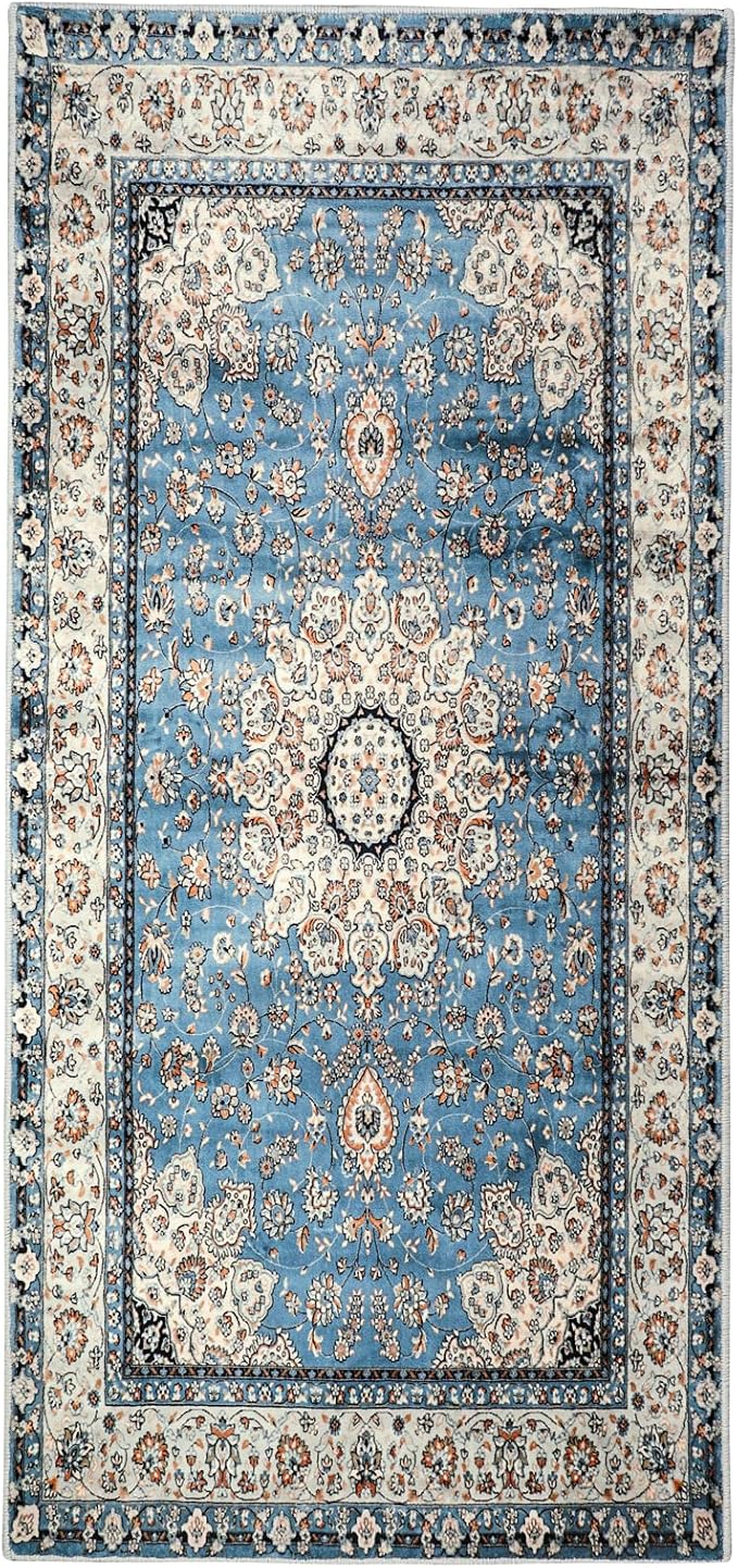 Lahome Felice Oriental Floral Medallion Area Rug - 2x4.3 Blue Hallway Runner Rug Doormat Vintage Faux Wool Throw Rug Non-Slip Washable Low-Pile Carpet for Kitchen Laundry Room Entrance Bathroom