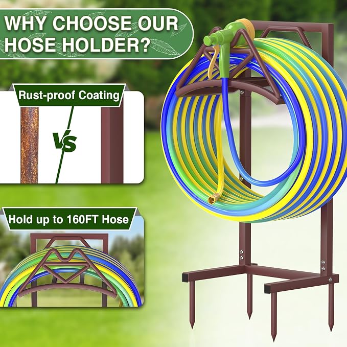 New Garden Hose Holder, Heavy Duty Freestanding Water Hose Holder Stand Holds 160-feet Hose, Detachable Hose Storage Reels Hanger Rack for Outside Yard Lawn Farm, Bronze