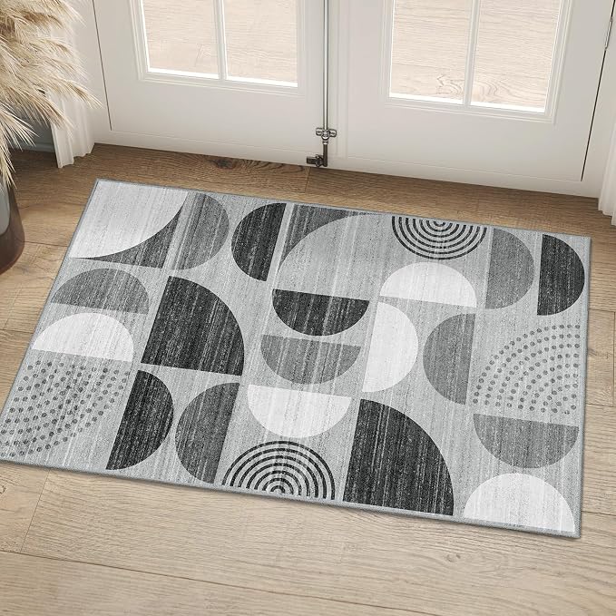 Small Rug Washable,Boho 2x3 Area Rugs Non Slip Modern Abstract | Machine Washable Throw Carpet for Entryway Bathroom Entry Entrance Bedroom Kitchen Soft Low Pile Floor Indoor Black and Grey