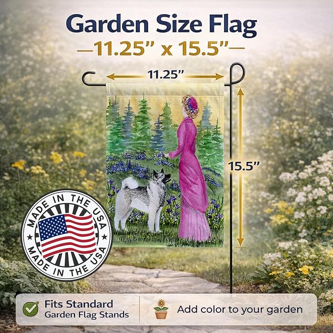 Caroline's Treasures SS8154GF Lady with her Norwegian Elkhound Garden Flag Mailbox Flag Decorative Yard Flag Banner Outside Patio Artwork Yard Flower Beds, Garden Size, Multicolor